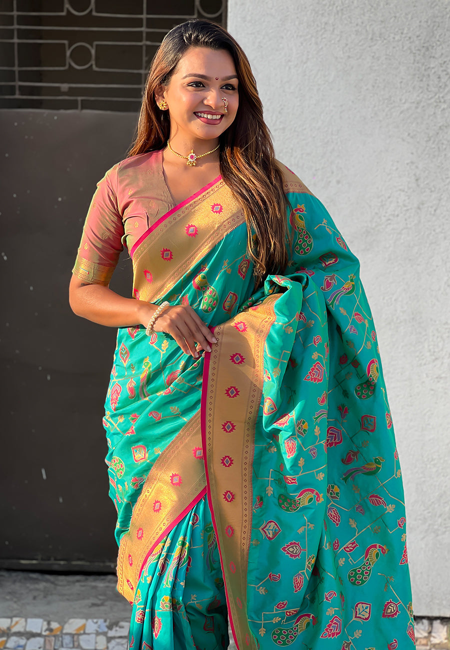Firozi Blue Paithani Jaal Silk Zari Woven Saree Paithani Saree Anant Tex Exports Pvt.Ltd..