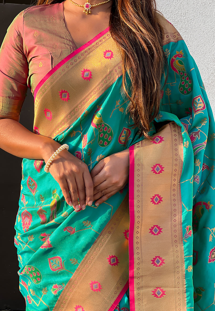 Firozi Blue Paithani Jaal Silk Zari Woven Saree Paithani Saree Anant Tex Exports Pvt.Ltd..