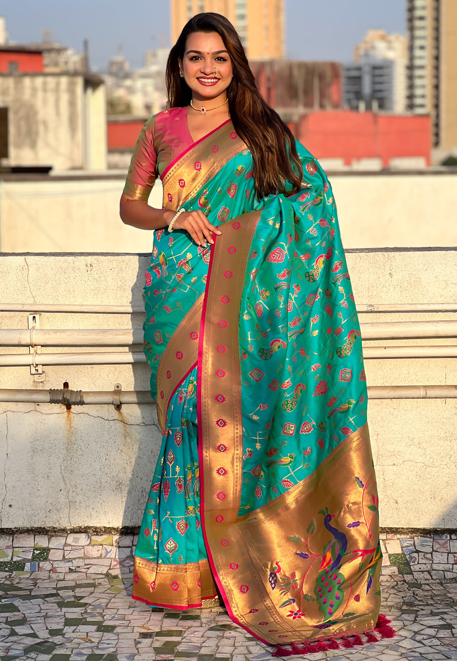 Firozi Blue Paithani Jaal Silk Zari Woven Saree Paithani Saree Anant Tex Exports Pvt.Ltd..