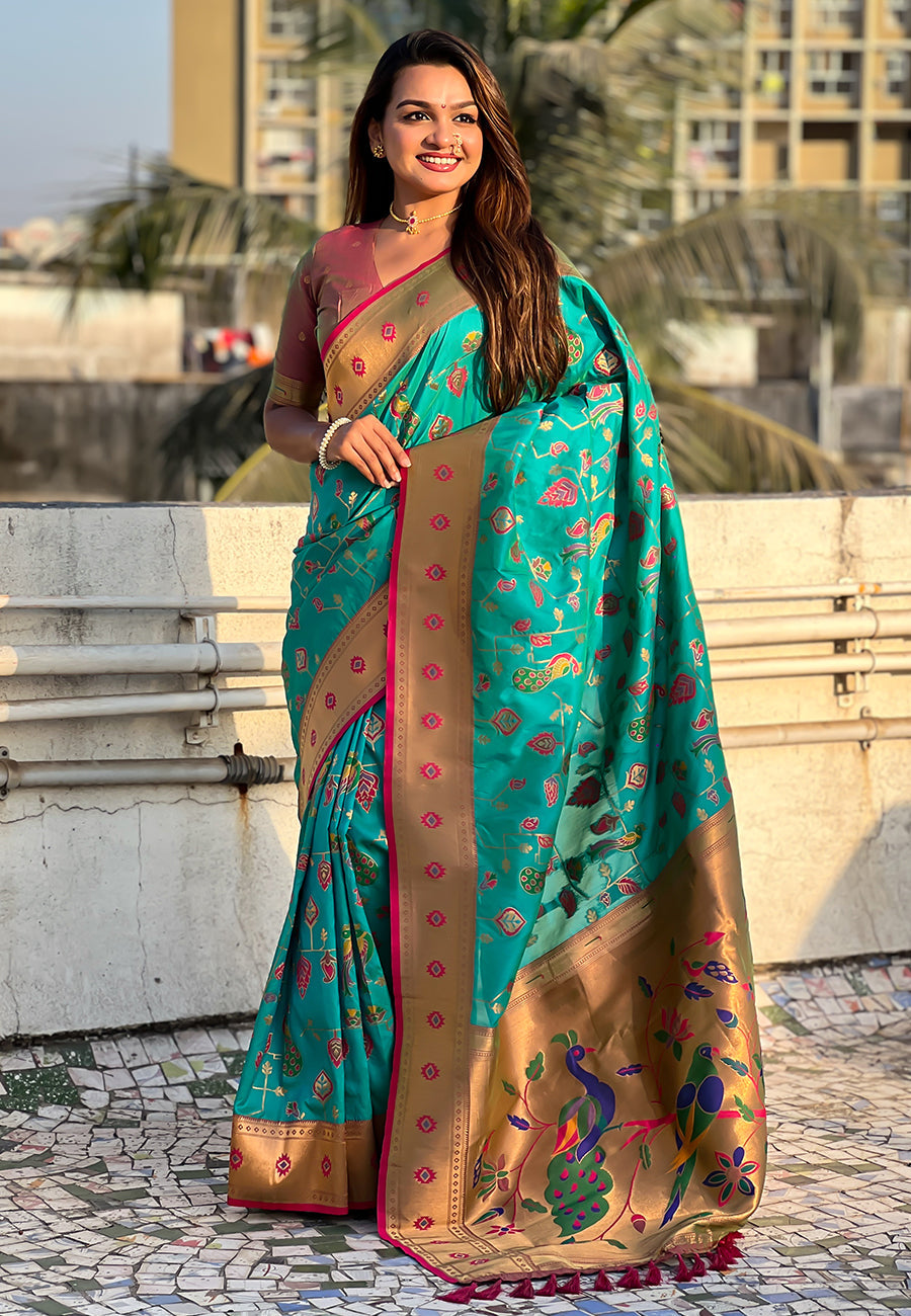 Firozi Blue Paithani Jaal Silk Zari Woven Saree Paithani Saree Anant Tex Exports Pvt.Ltd..