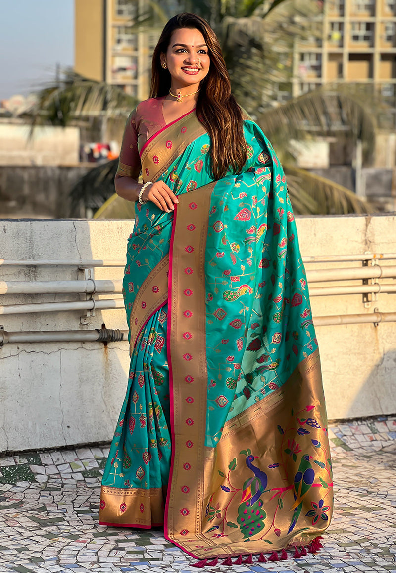 Firozi Blue Paithani Jaal Silk Zari Woven Saree