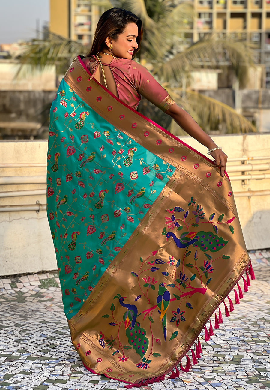 Firozi Blue Paithani Jaal Silk Zari Woven Saree Paithani Saree Anant Tex Exports Pvt.Ltd..