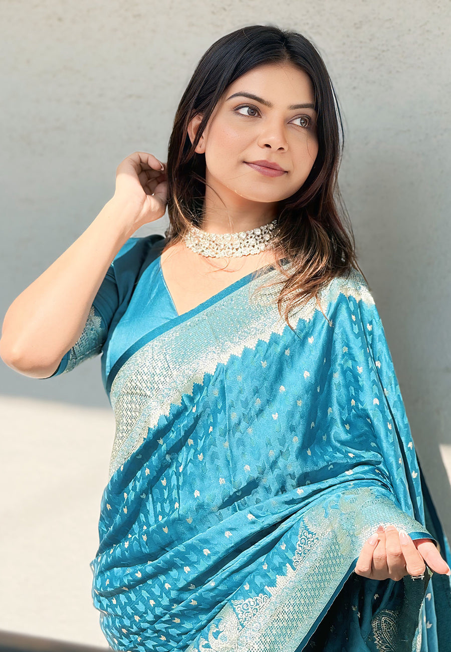 Butterfly Blue Banarasi Satin Silk Zari Banarasi Saree Panetar Saree Anant Tex Exports Pvt.Ltd..
