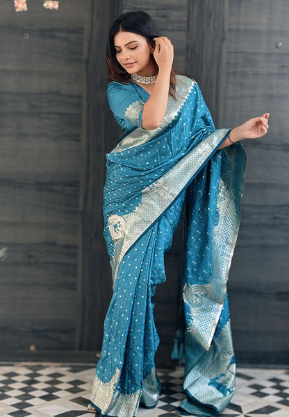 Butterfly Blue Banarasi Satin Silk Zari Banarasi Saree Panetar Saree Anant Tex Exports Pvt.Ltd..