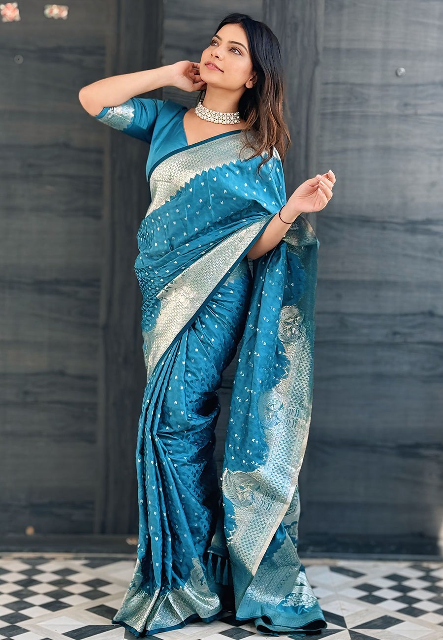 Butterfly Blue Banarasi Satin Silk Zari Banarasi Saree Panetar Saree Anant Tex Exports Pvt.Ltd..