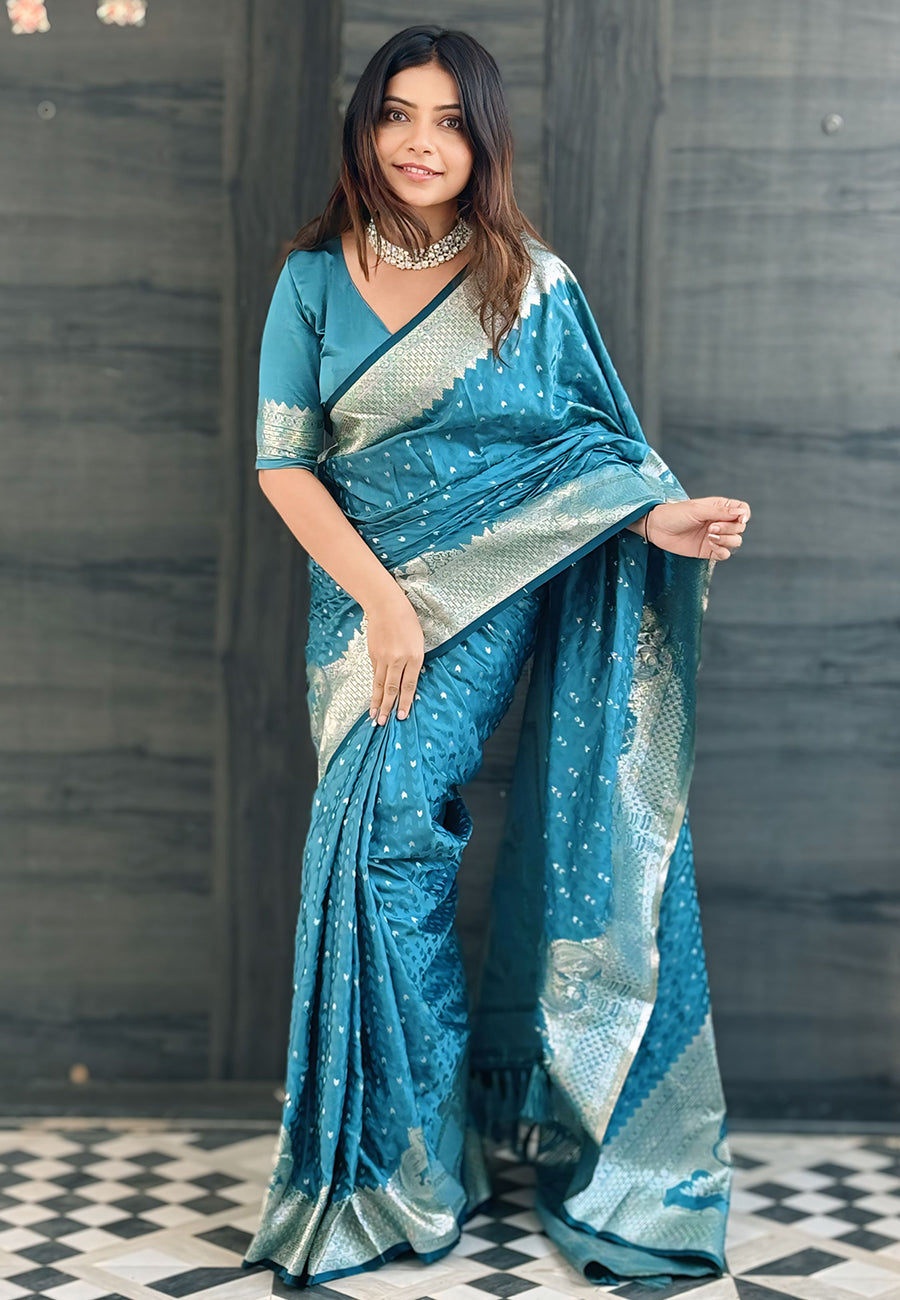 Butterfly Blue Banarasi Satin Silk Zari Banarasi Saree