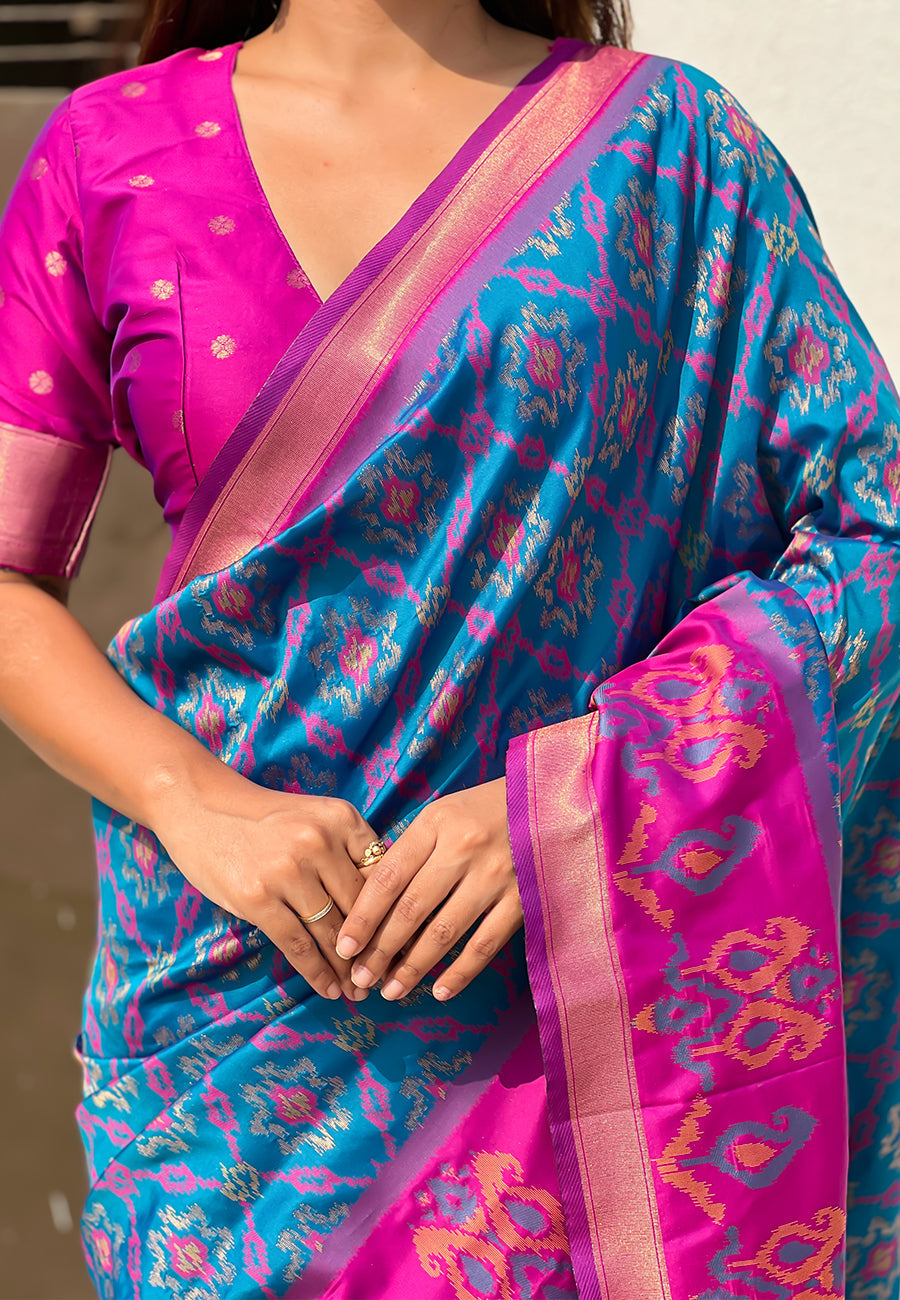 Blue Soft Silk Zari Woven Patola Saree