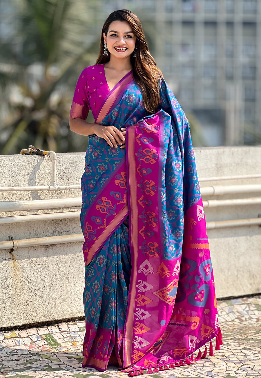 Blue Soft Silk Zari Woven Patola Saree