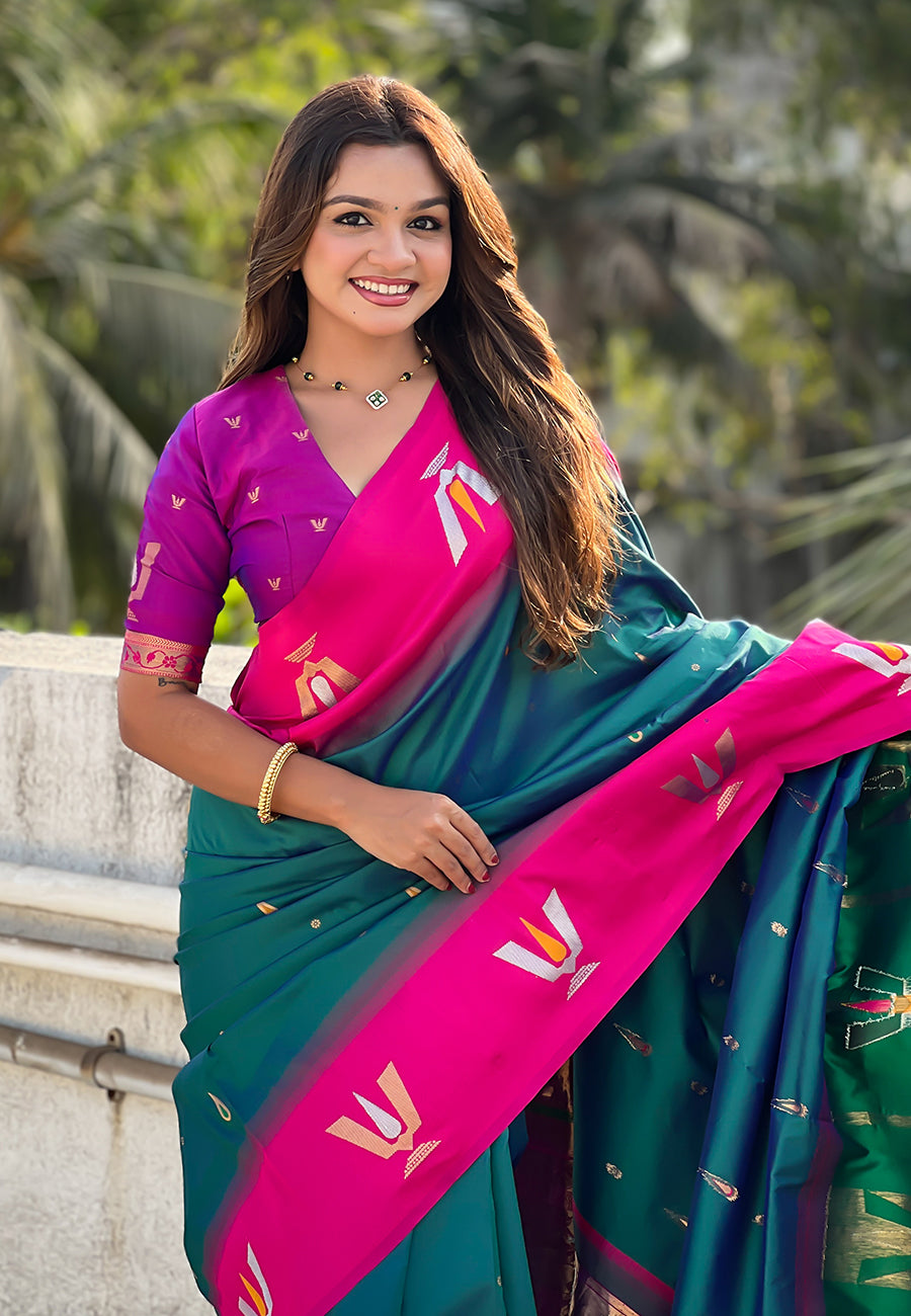 Green South Traditional Tilak Contrast Soft Silk Zari Woven Saree Soft Silk Saree Anant Tex Exports Pvt.Ltd..