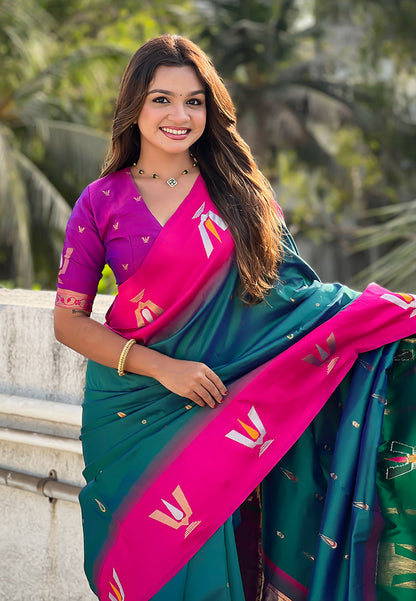 Green South Traditional Tilak Contrast Soft Silk Zari Woven Saree Soft Silk Saree Anant Tex Exports Pvt.Ltd..
