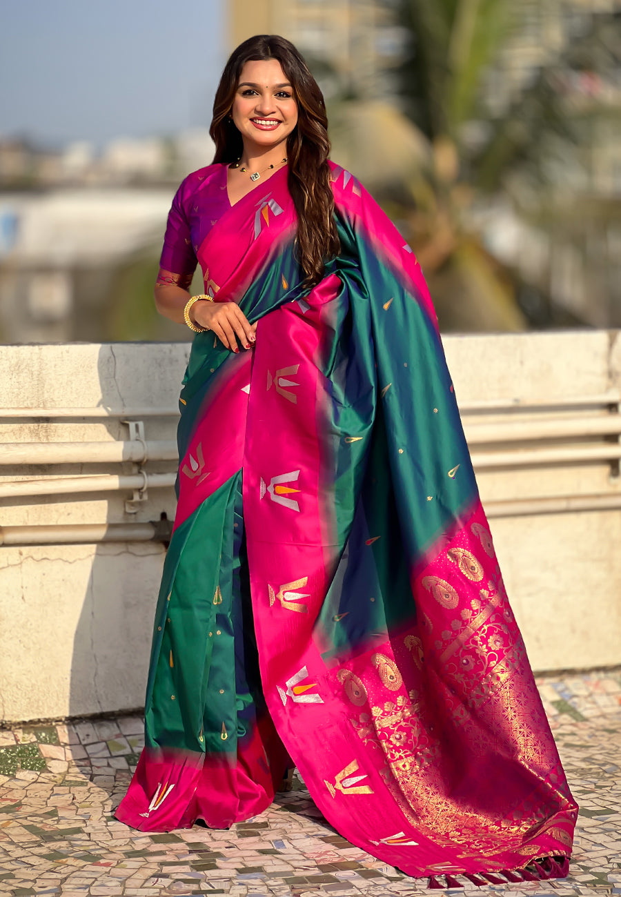 Green South Traditional Tilak Contrast Soft Silk Zari Woven Saree Soft Silk Saree Anant Tex Exports Pvt.Ltd..
