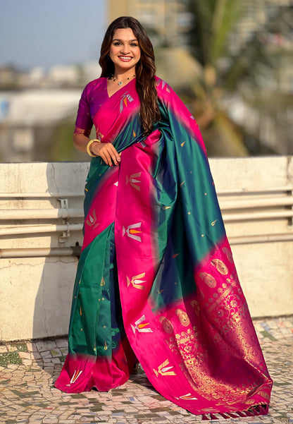 Green South Traditional Tilak Contrast Soft Silk Zari Woven Saree Soft Silk Saree Anant Tex Exports Pvt.Ltd..