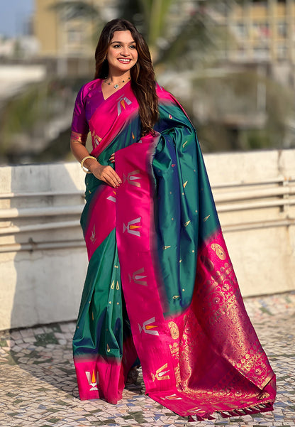 Green South Traditional Tilak Contrast Soft Silk Zari Woven Saree Soft Silk Saree Anant Tex Exports Pvt.Ltd..