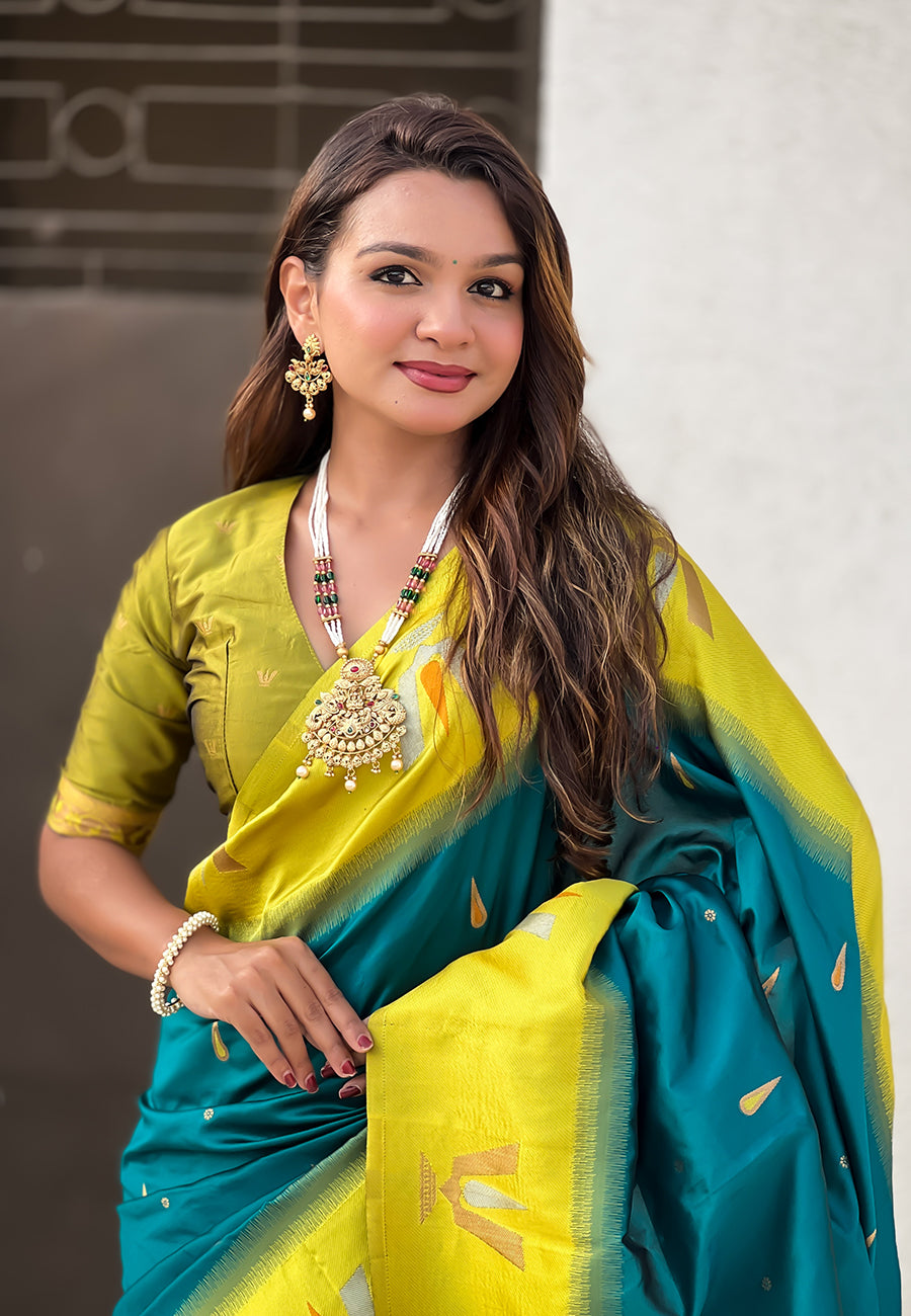 Sea Blue South Traditional Tilak Contrast Soft Silk Zari Woven Saree Soft Silk Saree Anant Tex Exports Pvt.Ltd..