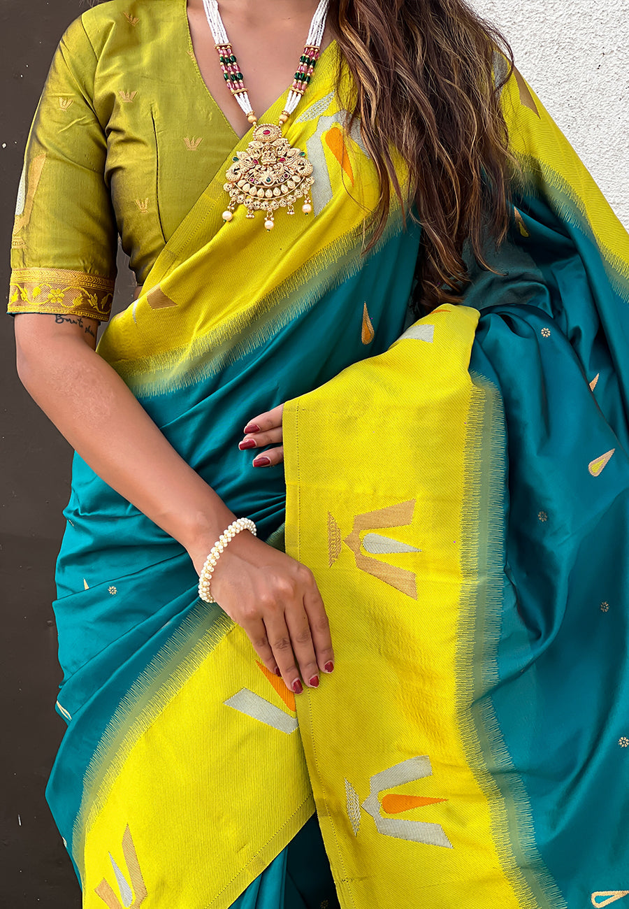 Sea Blue South Traditional Tilak Contrast Soft Silk Zari Woven Saree Soft Silk Saree Anant Tex Exports Pvt.Ltd..