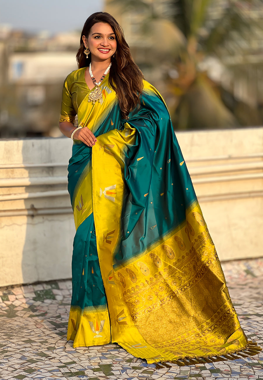 Sea Blue South Traditional Tilak Contrast Soft Silk Zari Woven Saree Soft Silk Saree Anant Tex Exports Pvt.Ltd..