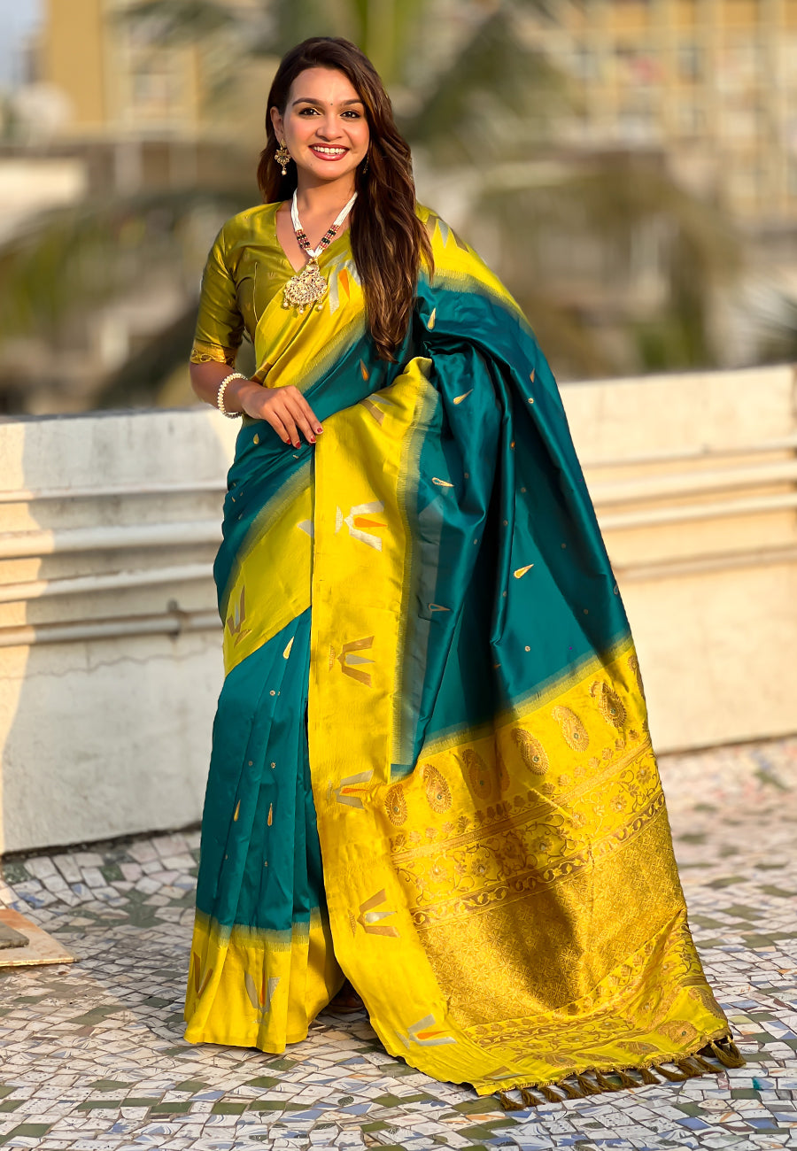 Sea Blue South Traditional Tilak Contrast Soft Silk Zari Woven Saree Soft Silk Saree Anant Tex Exports Pvt.Ltd..