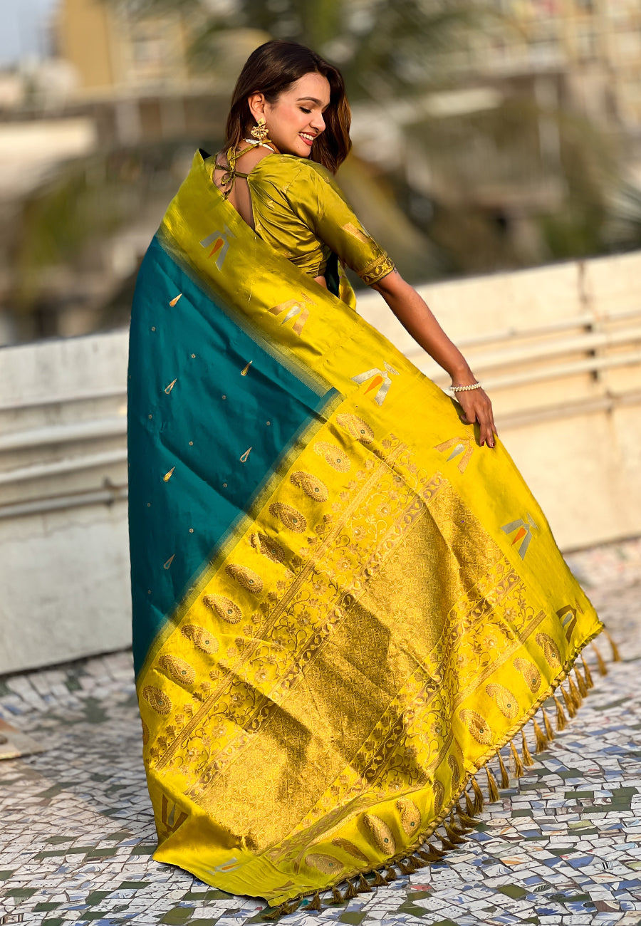 Sea Blue South Traditional Tilak Contrast Soft Silk Zari Woven Saree Soft Silk Saree Anant Tex Exports Pvt.Ltd..