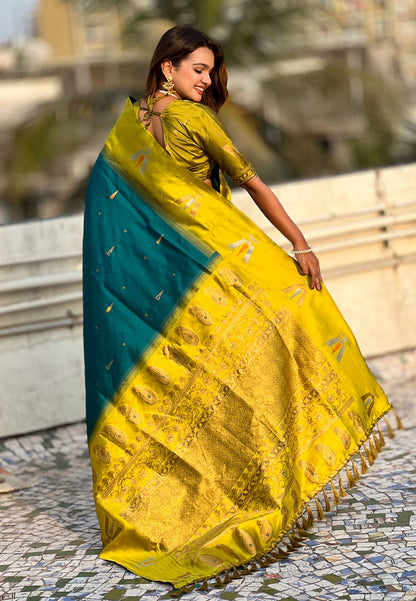 Sea Blue South Traditional Tilak Contrast Soft Silk Zari Woven Saree Soft Silk Saree Anant Tex Exports Pvt.Ltd..