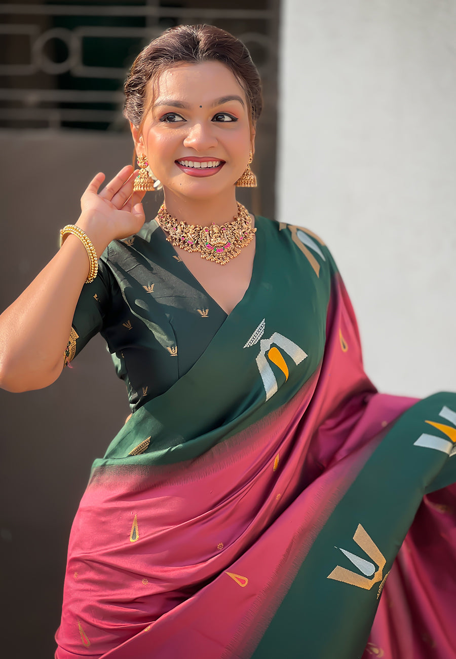 Coral Pink South Traditional Tilak Contrast Soft Silk Zari Woven Saree Soft Silk Saree Anant Tex Exports Pvt.Ltd..