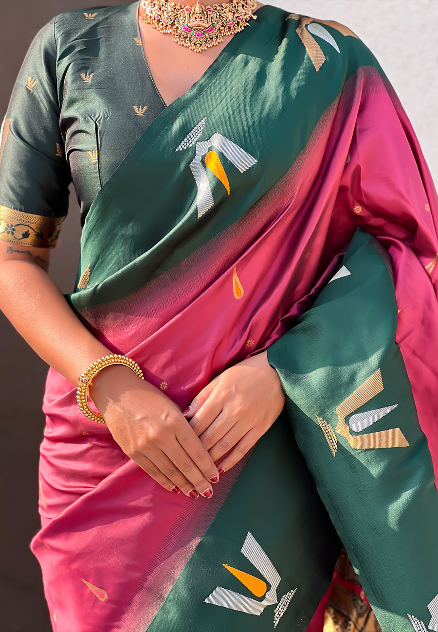 Coral Pink South Traditional Tilak Contrast Soft Silk Zari Woven Saree Soft Silk Saree Anant Tex Exports Pvt.Ltd..