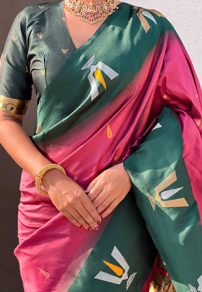 Coral Pink South Traditional Tilak Contrast Soft Silk Zari Woven Saree Soft Silk Saree Anant Tex Exports Pvt.Ltd..