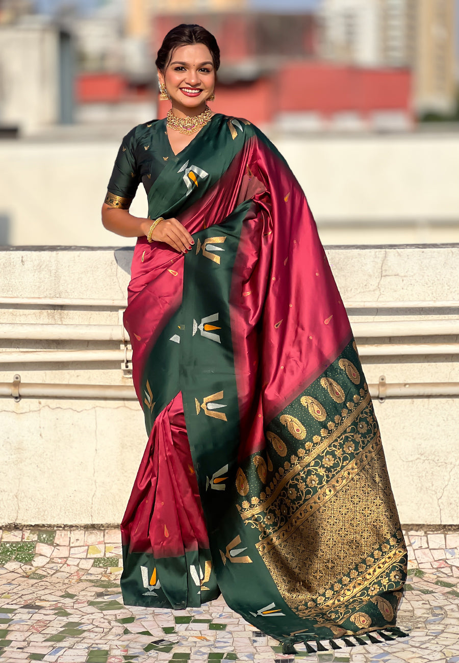 Coral Pink South Traditional Tilak Contrast Soft Silk Zari Woven Saree Soft Silk Saree Anant Tex Exports Pvt.Ltd..