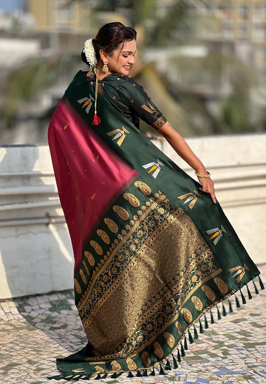 Coral Pink South Traditional Tilak Contrast Soft Silk Zari Woven Saree Soft Silk Saree Anant Tex Exports Pvt.Ltd..