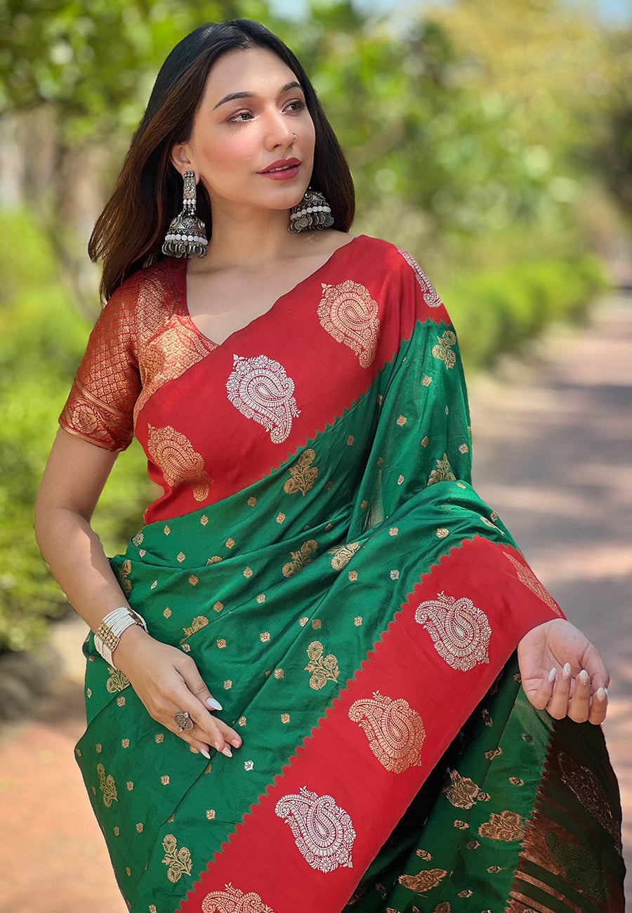 Green Soft Silk Contrast Zari Paithani Saree