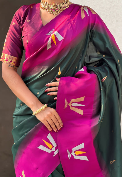 Bottle Green South Traditional Tilak Contrast Soft Silk Zari Woven Saree Soft Silk Saree Anant Tex Exports Pvt.Ltd..