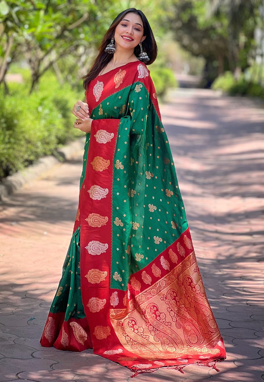 Green Soft Silk Contrast Zari Paithani Saree