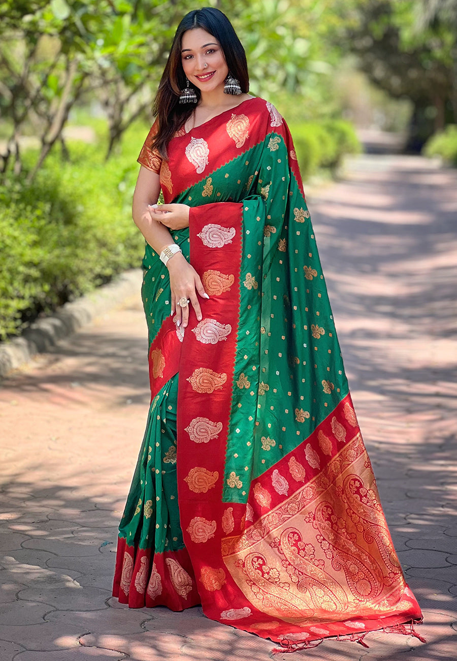 Green Soft Silk Contrast Zari Paithani Saree