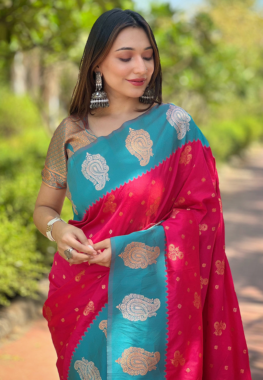 Pink Soft Silk Contrast Zari Paithani Saree