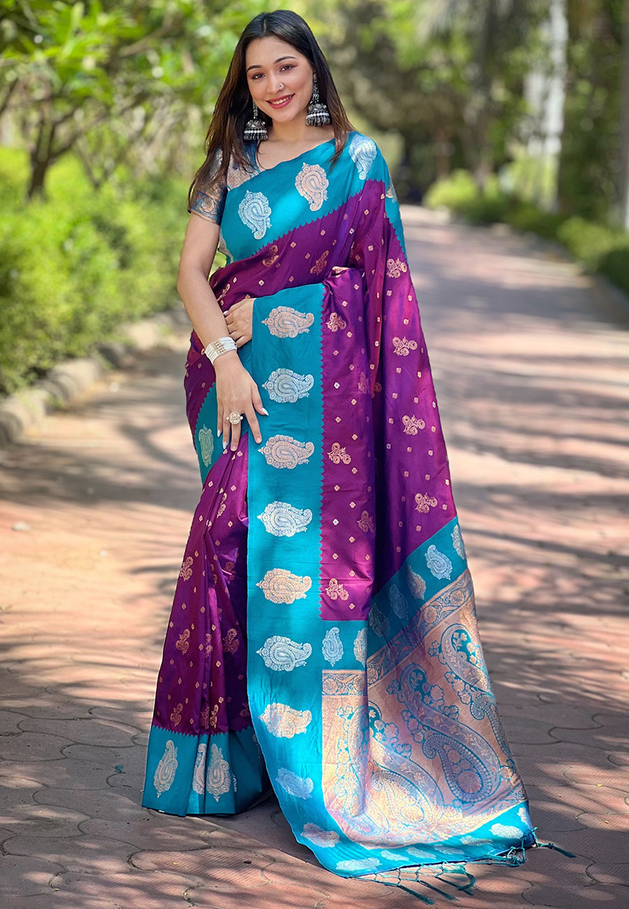 Purple Soft Silk Contrast Zari Paithani Saree