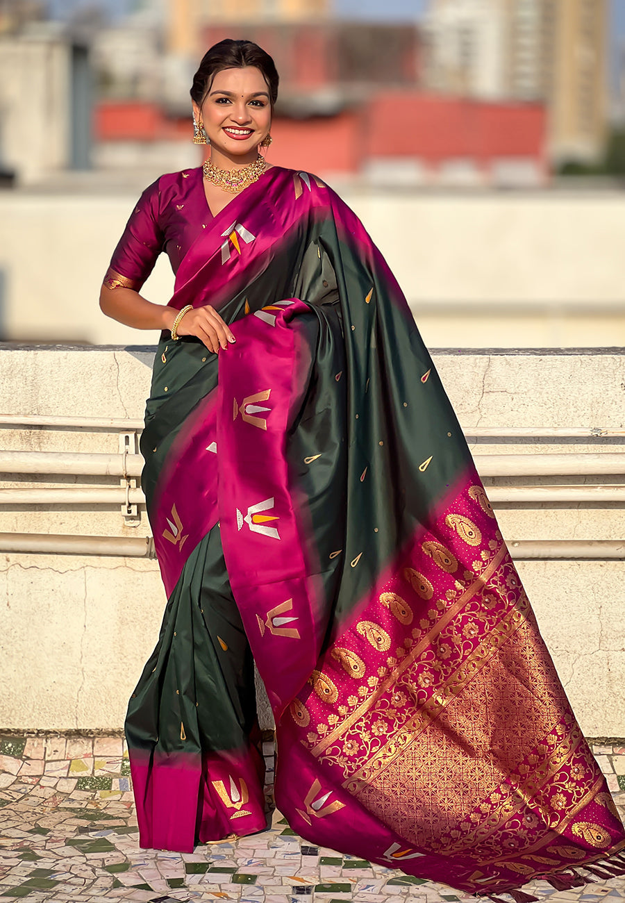 Bottle Green South Traditional Tilak Contrast Soft Silk Zari Woven Saree Soft Silk Saree Anant Tex Exports Pvt.Ltd..