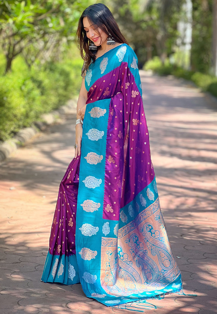 Purple Soft Silk Contrast Zari Paithani Saree