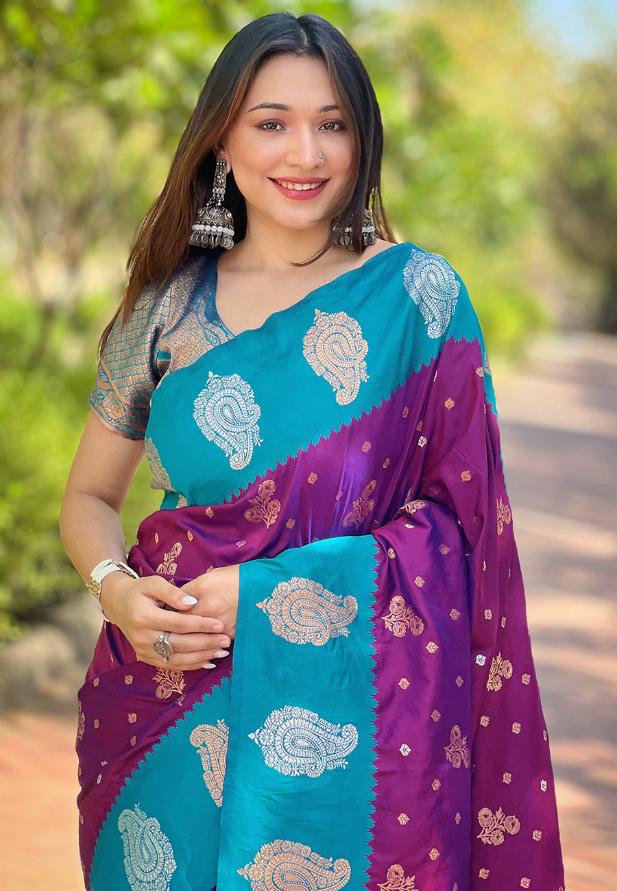 Purple Soft Silk Contrast Zari Paithani Saree