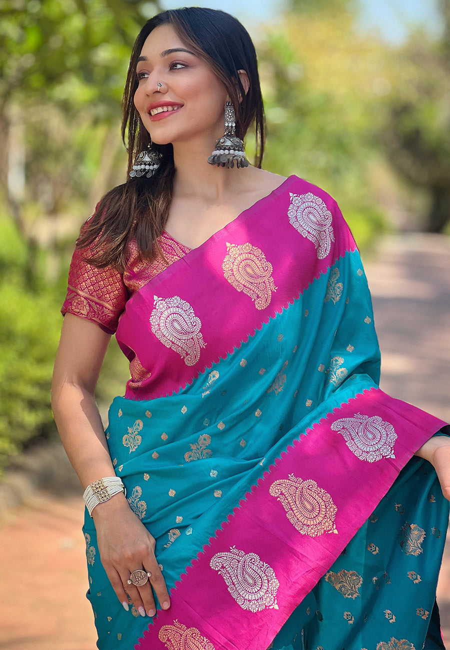 Blue Soft Silk Contrast Zari Paithani Saree