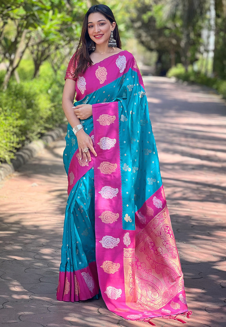 Blue Soft Silk Contrast Zari Paithani Saree