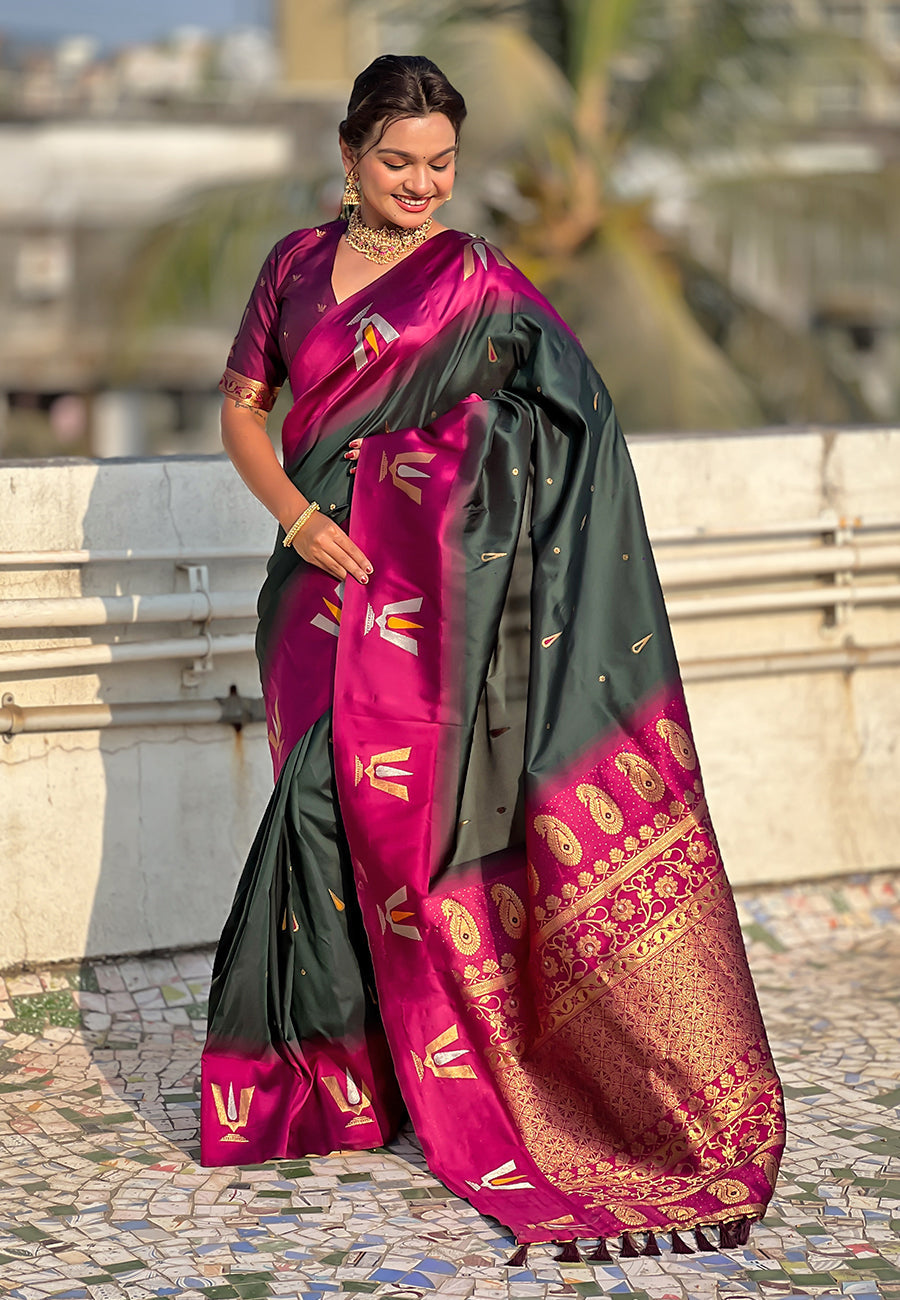 Bottle Green South Traditional Tilak Contrast Soft Silk Zari Woven Saree Soft Silk Saree Anant Tex Exports Pvt.Ltd..