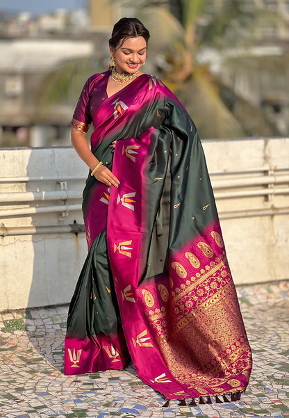 Bottle Green South Traditional Tilak Contrast Soft Silk Zari Woven Saree Soft Silk Saree Anant Tex Exports Pvt.Ltd..