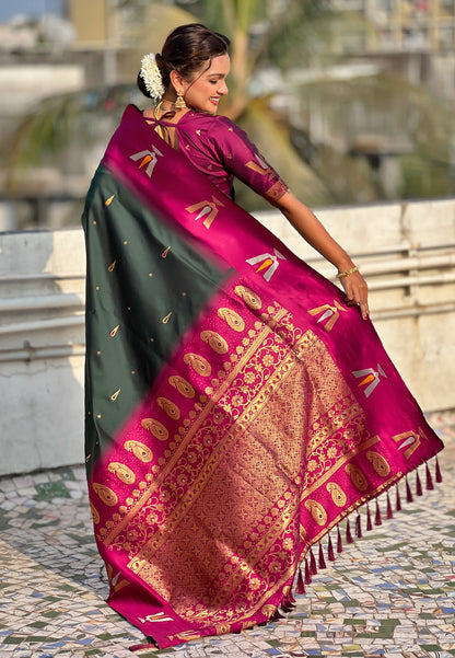 Bottle Green South Traditional Tilak Contrast Soft Silk Zari Woven Saree Soft Silk Saree Anant Tex Exports Pvt.Ltd..