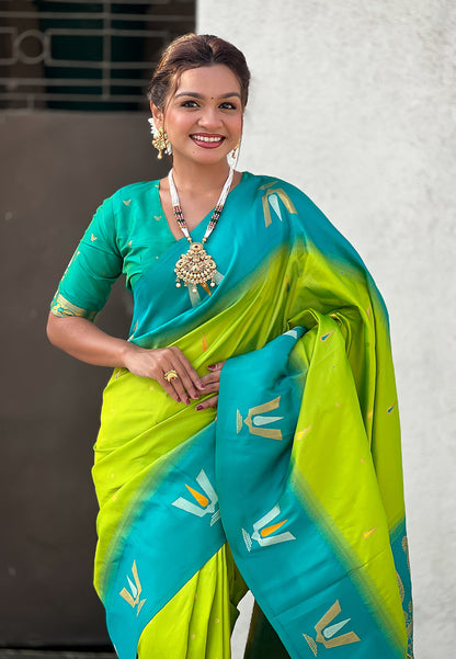 Pista South Traditional Tilak Contrast Soft Silk Zari Woven Saree Soft Silk Saree Anant Tex Exports Pvt.Ltd..