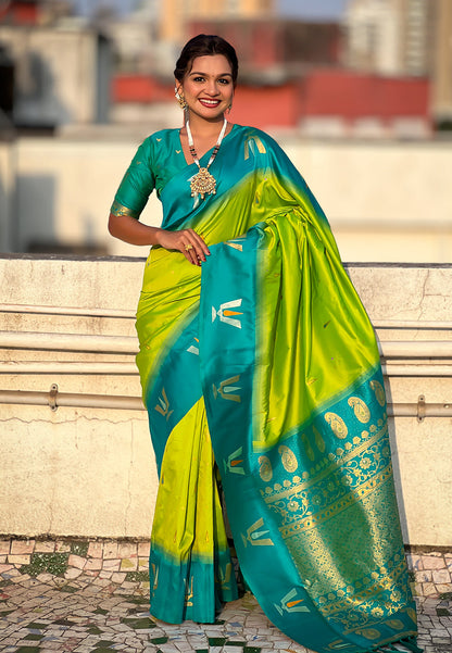 Pista South Traditional Tilak Contrast Soft Silk Zari Woven Saree Soft Silk Saree Anant Tex Exports Pvt.Ltd..
