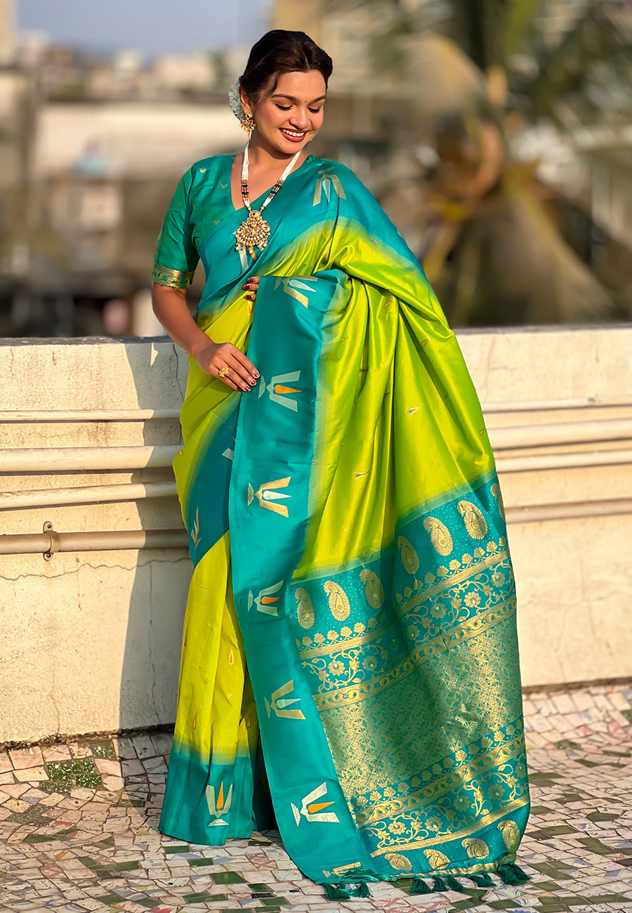 Pista South Traditional Tilak Contrast Soft Silk Zari Woven Saree Soft Silk Saree Anant Tex Exports Pvt.Ltd..