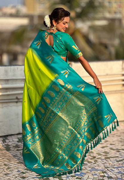 Pista South Traditional Tilak Contrast Soft Silk Zari Woven Saree Soft Silk Saree Anant Tex Exports Pvt.Ltd..