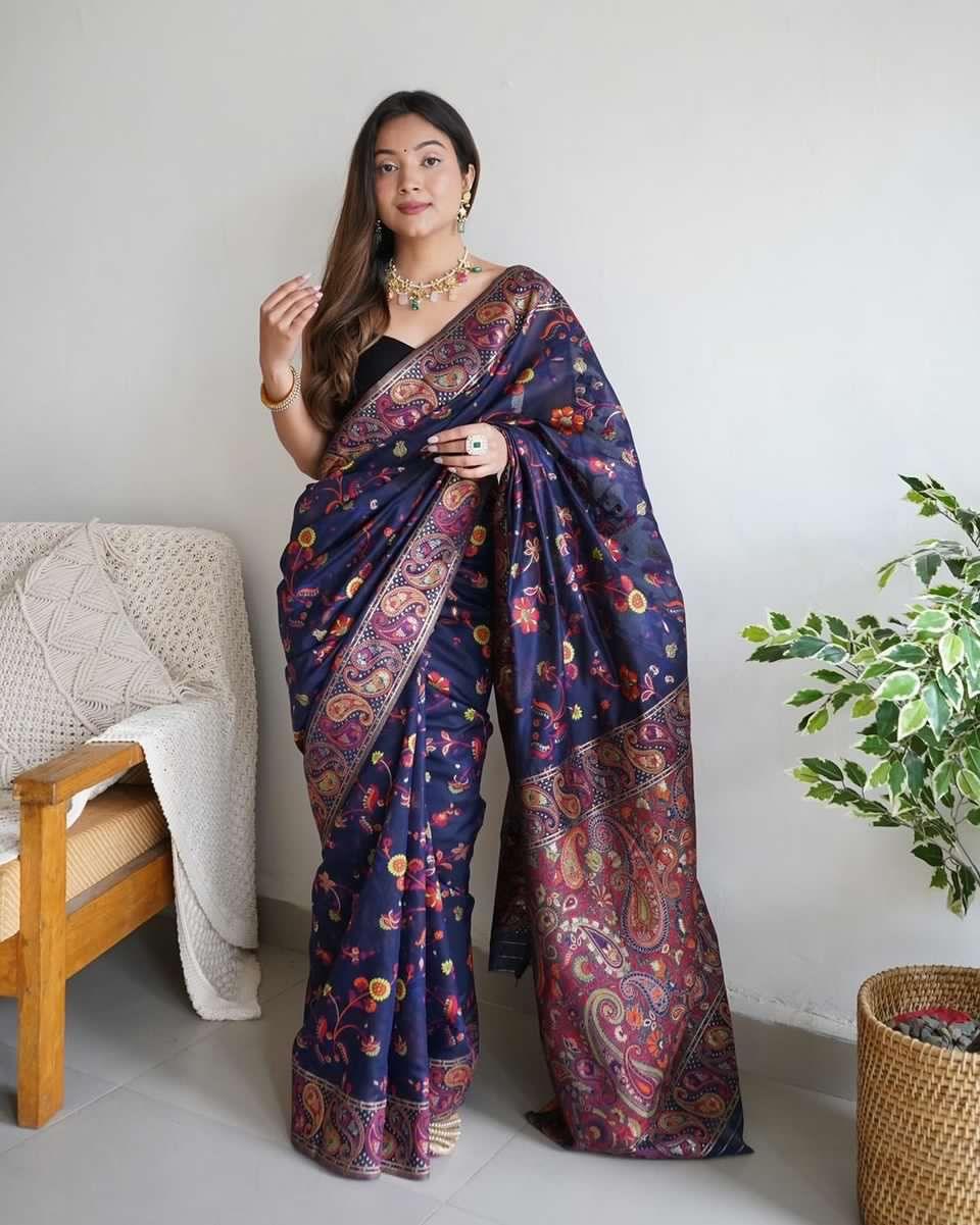 PARTY WEAR KASHMIRI PASMINA KACHI SILK SAREE - Anant Exports