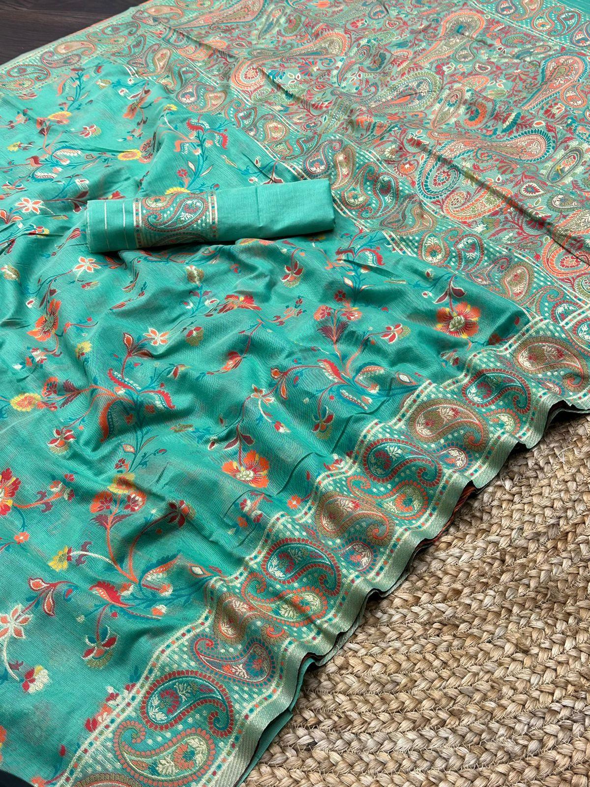 PARTY WEAR KASHMIRI PASMINA KACHI SILK SAREE - Anant Exports
