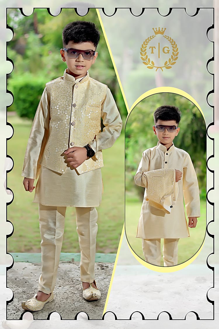 Party Wear Kids Kurta-Koti-Pyjama Set