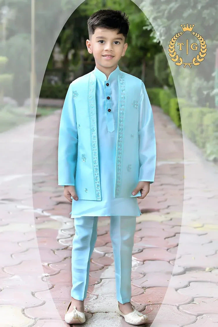 Party Wear Kids Kurta-Koti-Pyjama Set